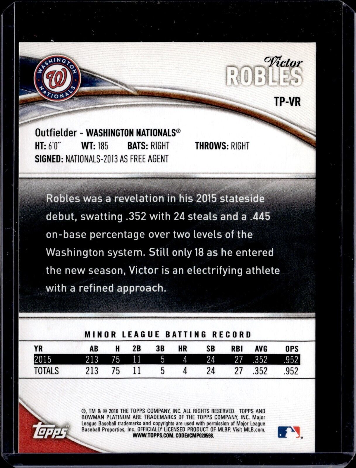 2016 Bowman Platinum - Top Prospects #TP-VR Victor Robles (RC) (Green) /99