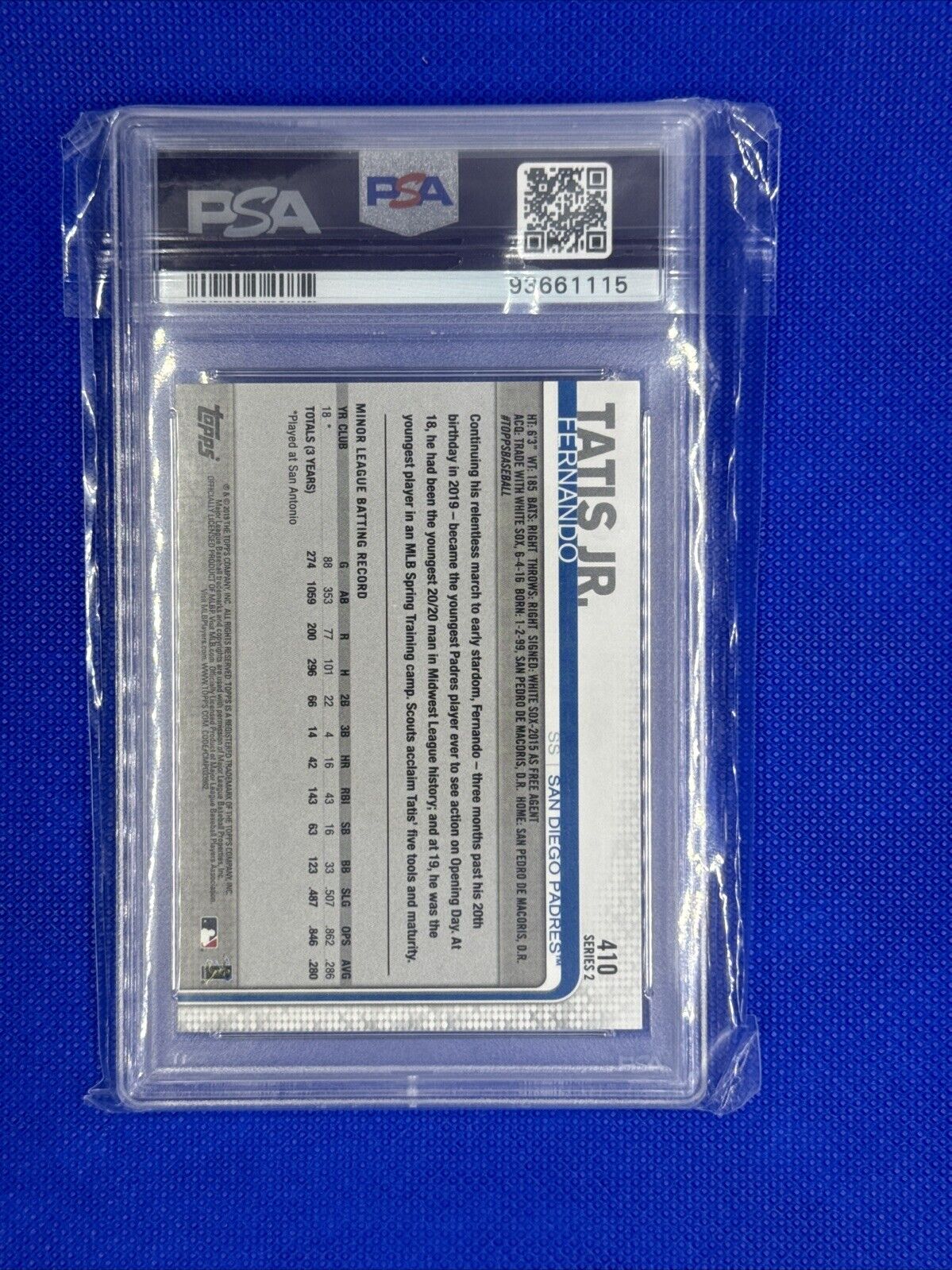 GRADED PSA 9 MINT FERNANDO TATIS JR. 2019 Topps Baseball Rookie Card #410