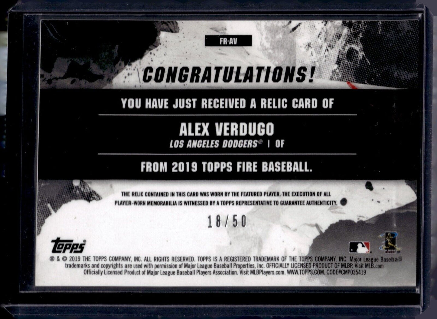 2019 Topps Fire Relics #FR-AV Alex Verdugo (MEM) /50