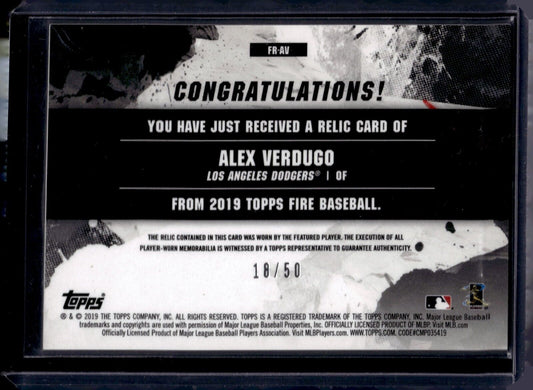 2019 Topps Fire Relics #FR-AV Alex Verdugo (MEM) /50