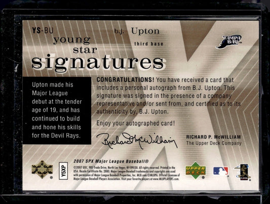 2007 Upper Deck SPx B.J. Upton Young Star Signatures Autograph #YS-BU