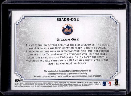 2012 Topps Museum Collection Auto Relics #SSADR-DGE Dillon Gee /250 (AU, MEM)