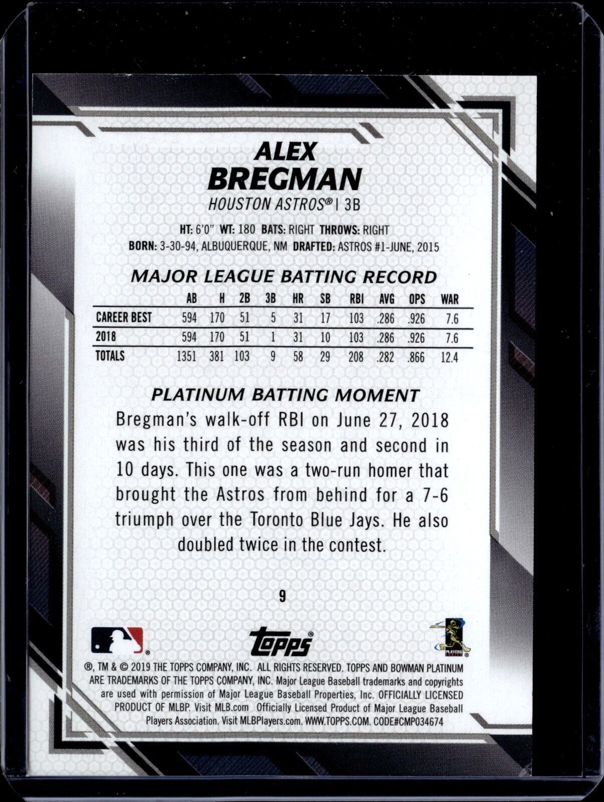 2019 Bowman Platinum - Swinging #9 Alex Bregman (Gold) /50