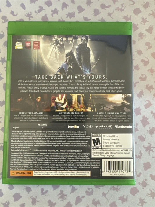 Dishonored 2: Limited Edition (Microsoft Xbox One, 2016) Complete In Box