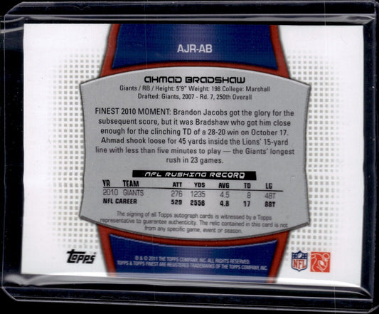2011 Topps Finest Auto Jumbo Relics /189 Ahmad Bradshaw #AJR-AB (AU, MEM)