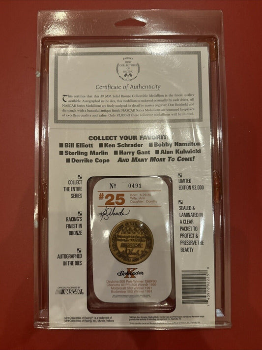 Ken Schrader #25 NASCAR Bronze Medallion Collectible #0491 Of 92,000 New