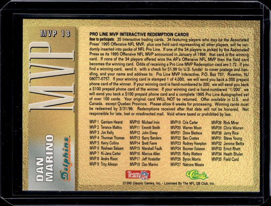 1995 Classic Pro Line MVP Interactive Redemptions /4000 Dan Marino #MVP18 HOF