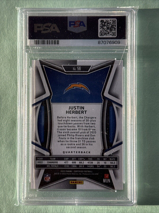2023 Panini Certified Justin Herbert #56 Mirror Blue /75 LA Chargers PSA Mint 9