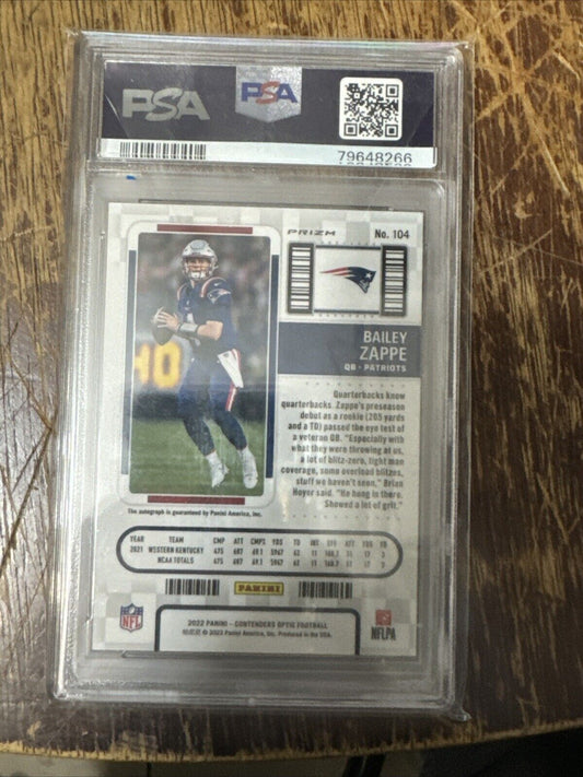 2022 Contenders Optic Bailey Zappe Rookie Auto Autograph RC #104 PSA 9 Patriots