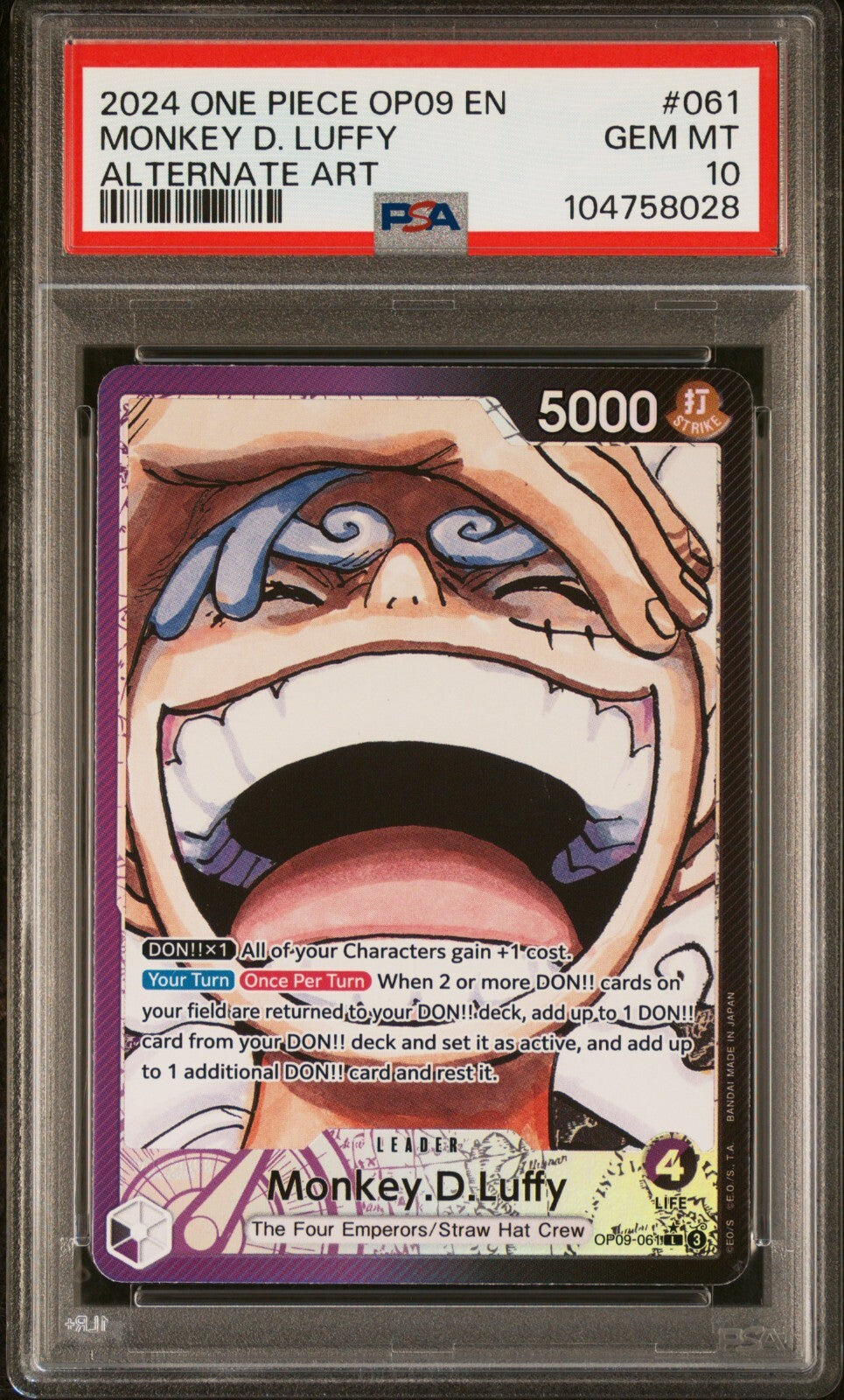 ONE PIECE OP09 - EMPERORS IN THE NEW WORLD 061 MONKEY D. LUFFY ALT ART PSA 10