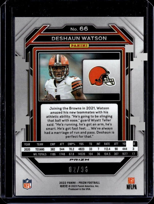 2022 Panini Prizm - No Huddle Prizm #66 Deshaun Watson (Blue Sparkle) /96