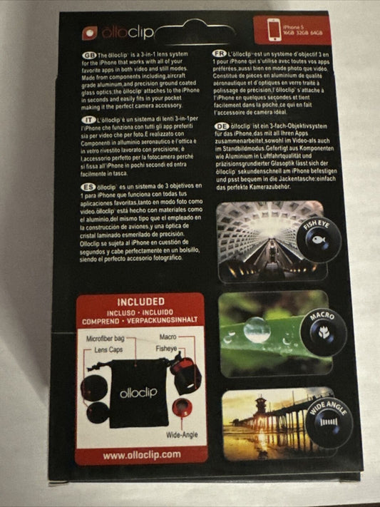 Olloclip 3-In-1 Photo Lens For iPhone 5 5S Red Macro Fisheye Wide Angle Pouch