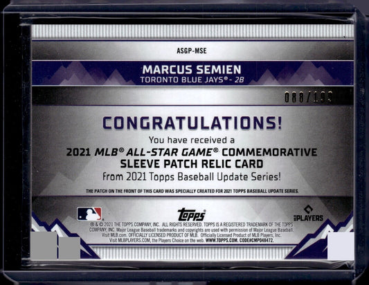 2021 Topps Update MLB All-Star Game Patch Marcus Semien #ASGP-MSE /199