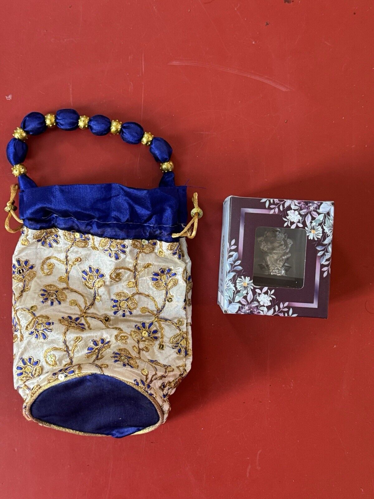 Silver Plated 2” Ganesha Statuette With Embroidered Clutch Bag Import From India