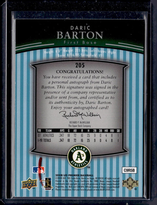 2008 UD Premier - Premier Rookie Signatures #205 Daric Barton /299 (AU, RC)