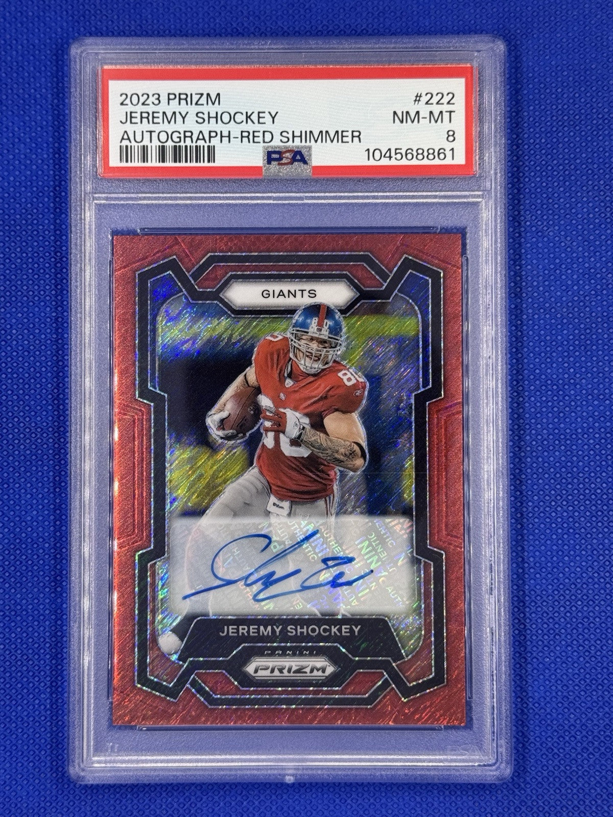 2023 Panini Prizm Jeremy Shockey #222 Red Shimmer Auto /35 PSA 8 Giants