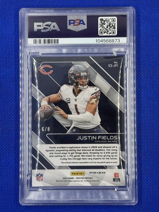 2023 Panini Spectra Justin Fields Sunday SS Relic Neon Patch 6/8 Steelers PSA 8