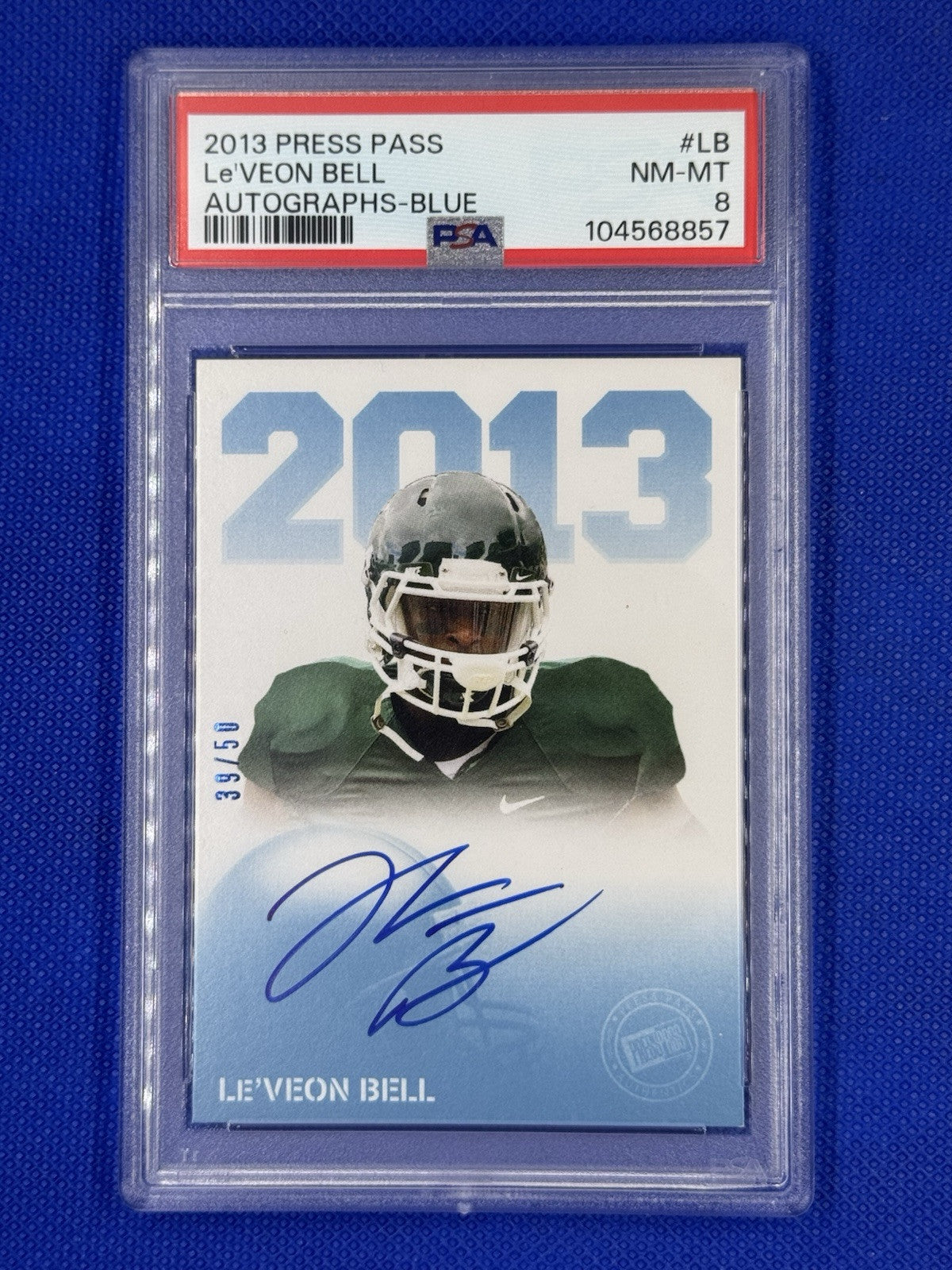 Le'Veon Bell Blue autograph 2013 Press Pass Rookie #PPSLB /50 PSA 8