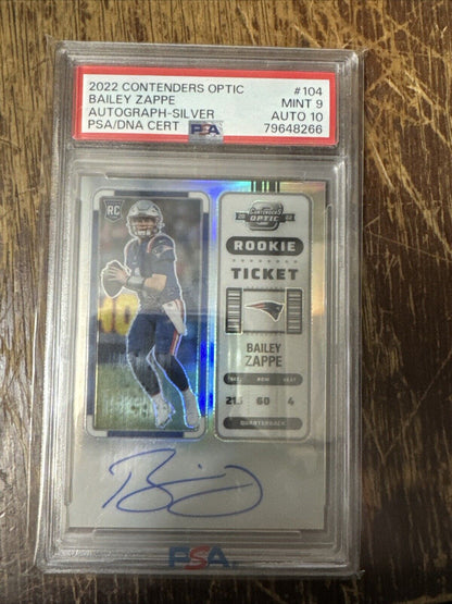 2022 Contenders Optic Bailey Zappe Rookie Auto Autograph RC #104 PSA 9 Patriots