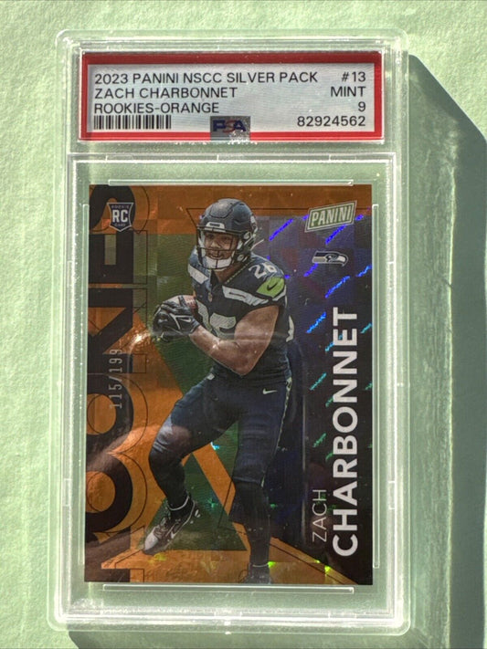ZACH CHARBONNET 2023 PANINI NSCC SILVER PACK RC ORANGE PRIZMS #/199 PSA 9 MINT