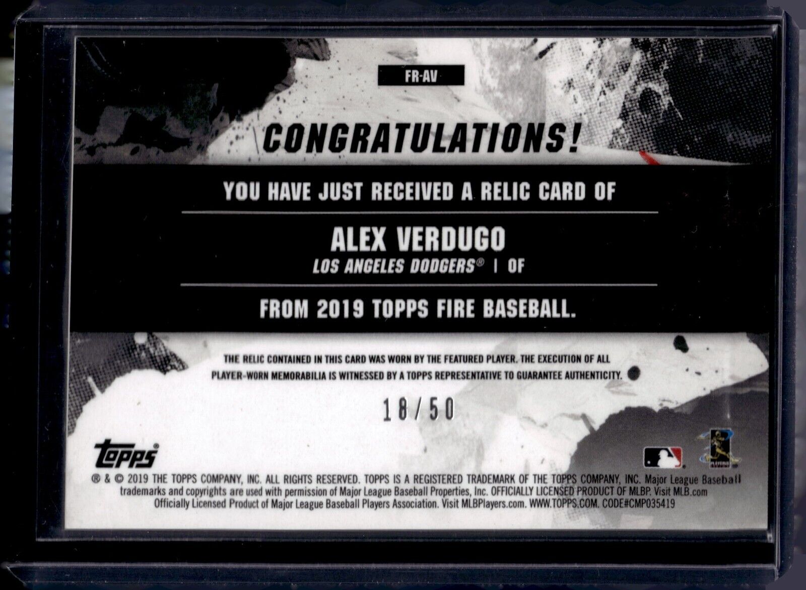 2019 Topps Fire Relics #FR-AV Alex Verdugo (MEM) /50