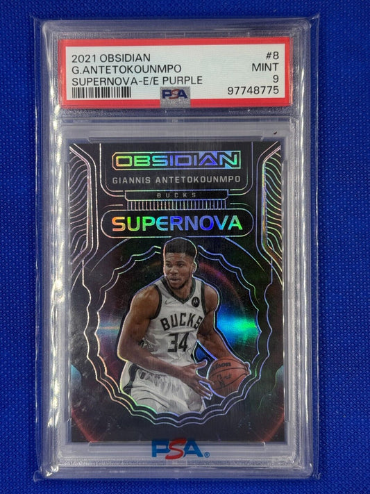 2021-22 Panini Obsidian Supernova #8 Giannis Antetokounmpo (Purple) /75 PSA 9 MT