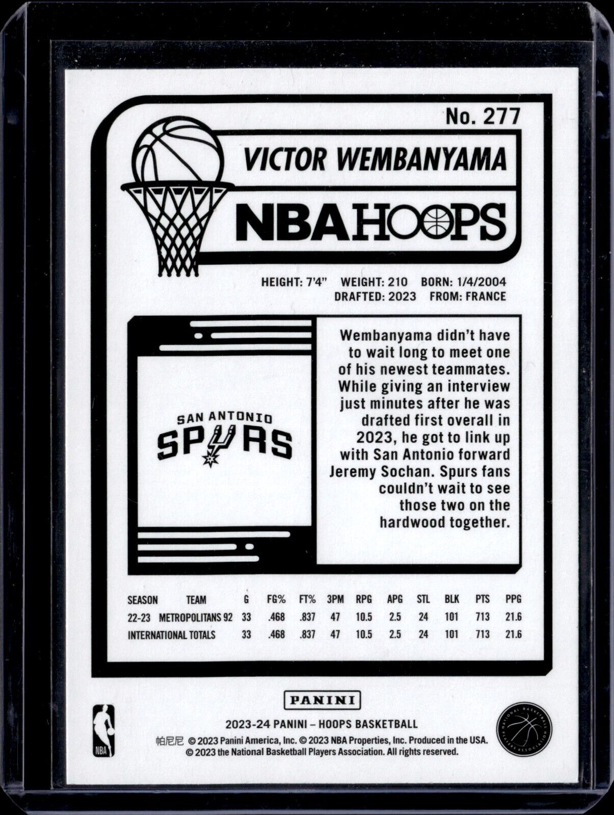 2023-24 Panini NBA Hoops - Rookies #277 Victor Wembanyama (RC) 