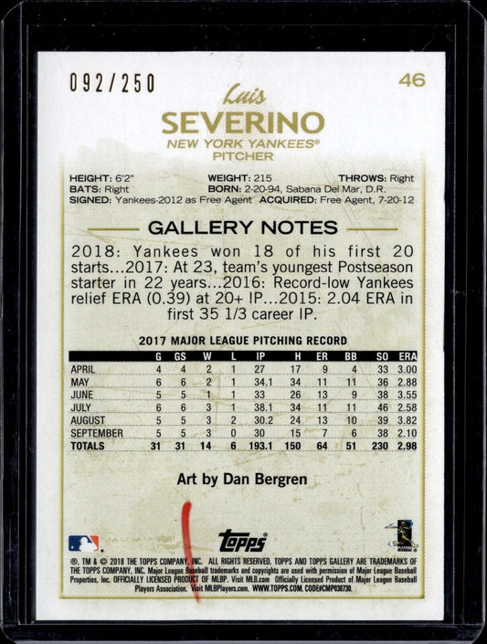 2018 Topps Gallery - #46 Luis Severino (Private Issue) /250