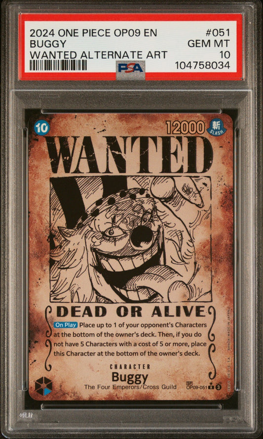 ONE PIECE OP09 - EMPERORS IN THE NEW WORLD 051 BUGGY WANTED ALT ART PSA 10
