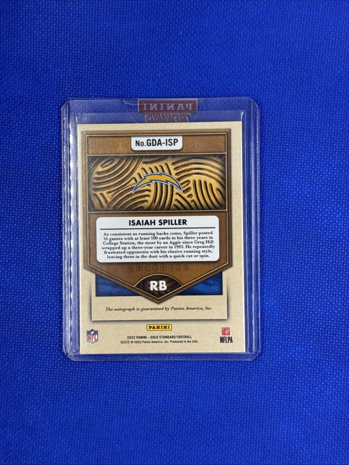 Isaiah Spiller 2022 Panini GS Golden Debuts Rookie Auto /99 #GDA-ISP Chargers RC
