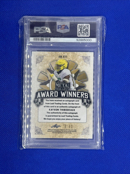 2022 Leaf Metal Kayvon  Thibodeaux Award Winner Auto /40 AW-KT1 PSA Mint 9