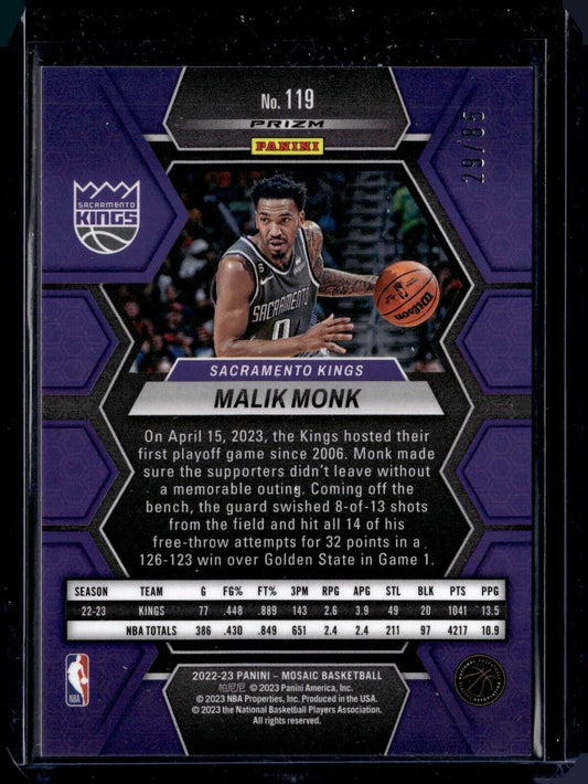 Malik Monk [Fast Break Blue] #119 2022 Panini Mosaic /85