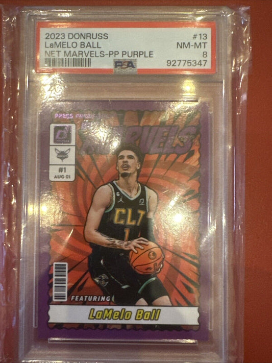 2023-24 Panini Donruss Purple Press Proof Net Marvels LaMelo Ball #13 PSA 8