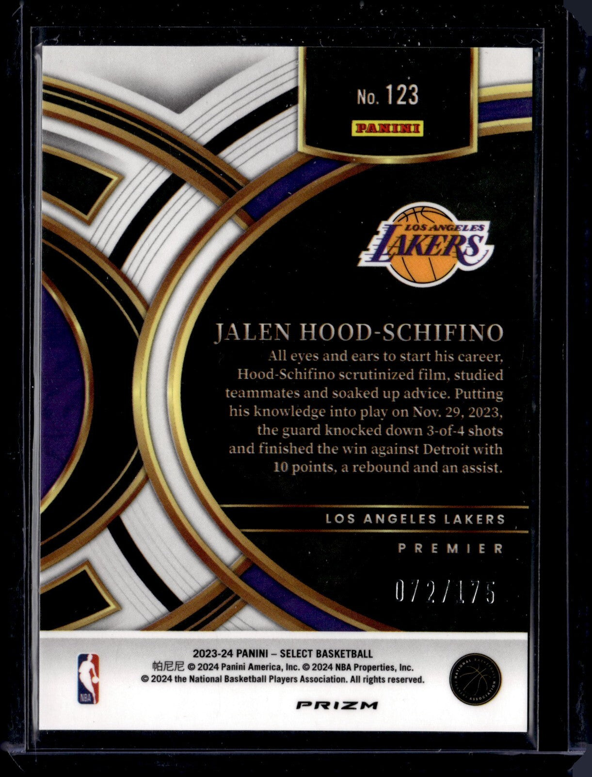 2023-24 Panini Select #123 Jalen Hood-Schifino [Flash Purple Prizm] /175 (RC)