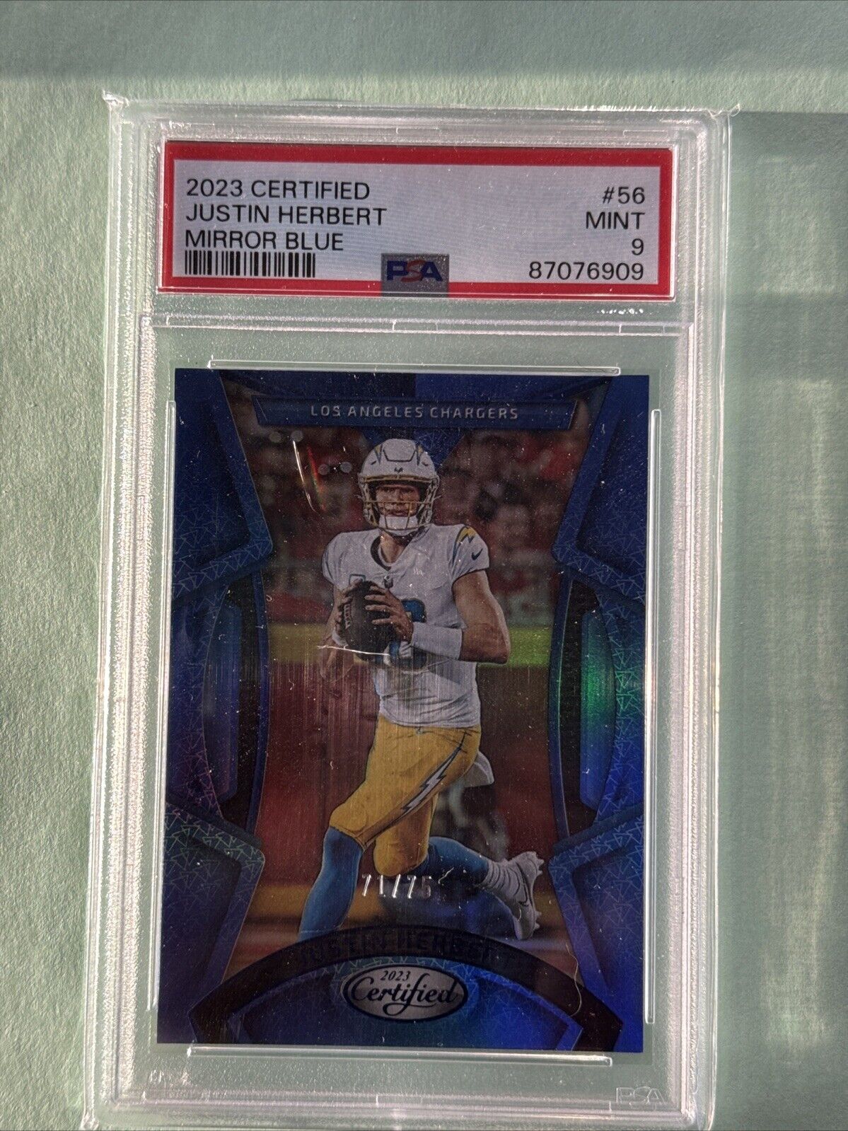 2023 Panini Certified Justin Herbert #56 Mirror Blue /75 LA Chargers PSA Mint 9