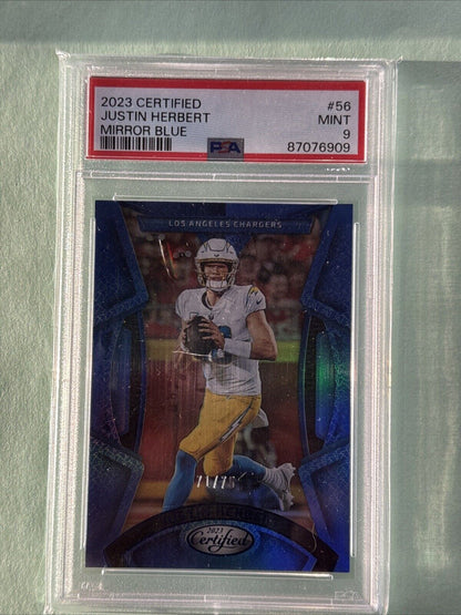 2023 Panini Certified Justin Herbert #56 Mirror Blue /75 LA Chargers PSA Mint 9