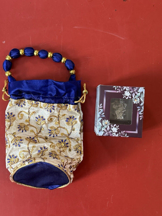 Silver Plated 2” Ganesha Statuette With Embroidered Clutch Bag Import From India