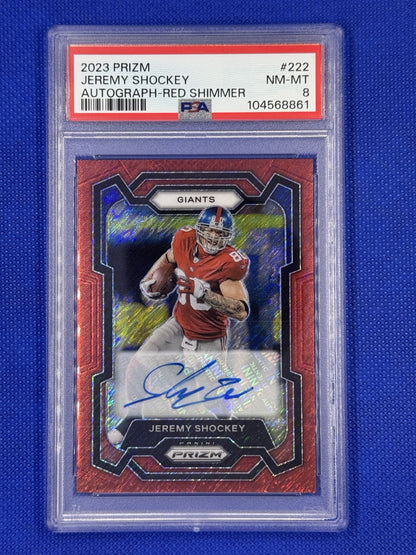 2023 Panini Prizm Jeremy Shockey #222 Red Shimmer Auto /35 PSA 8 Giants
