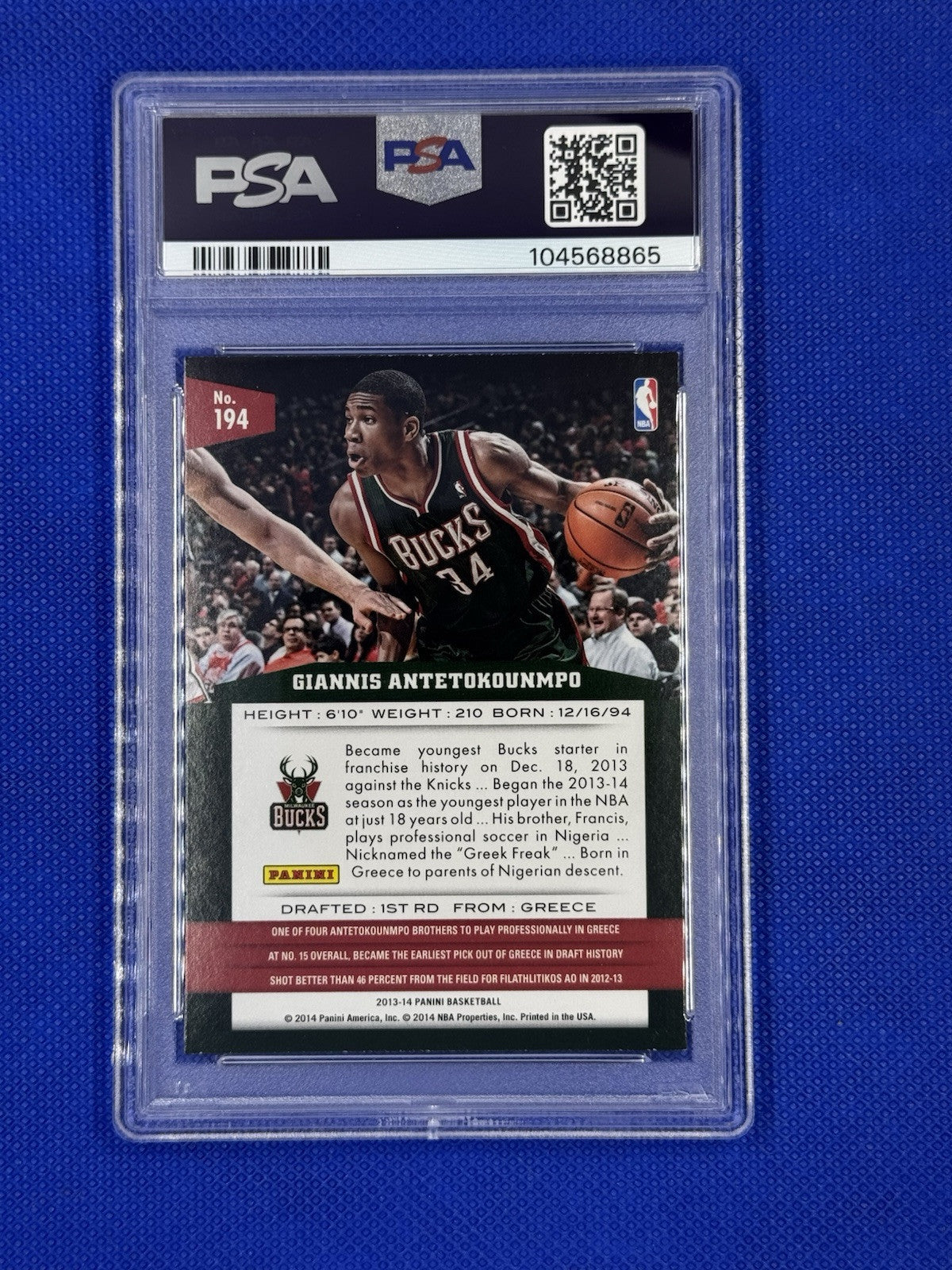 2013 PANINI #194 GIANNIS ANTETOKOUNMPO ROOKIE RC PSA 7