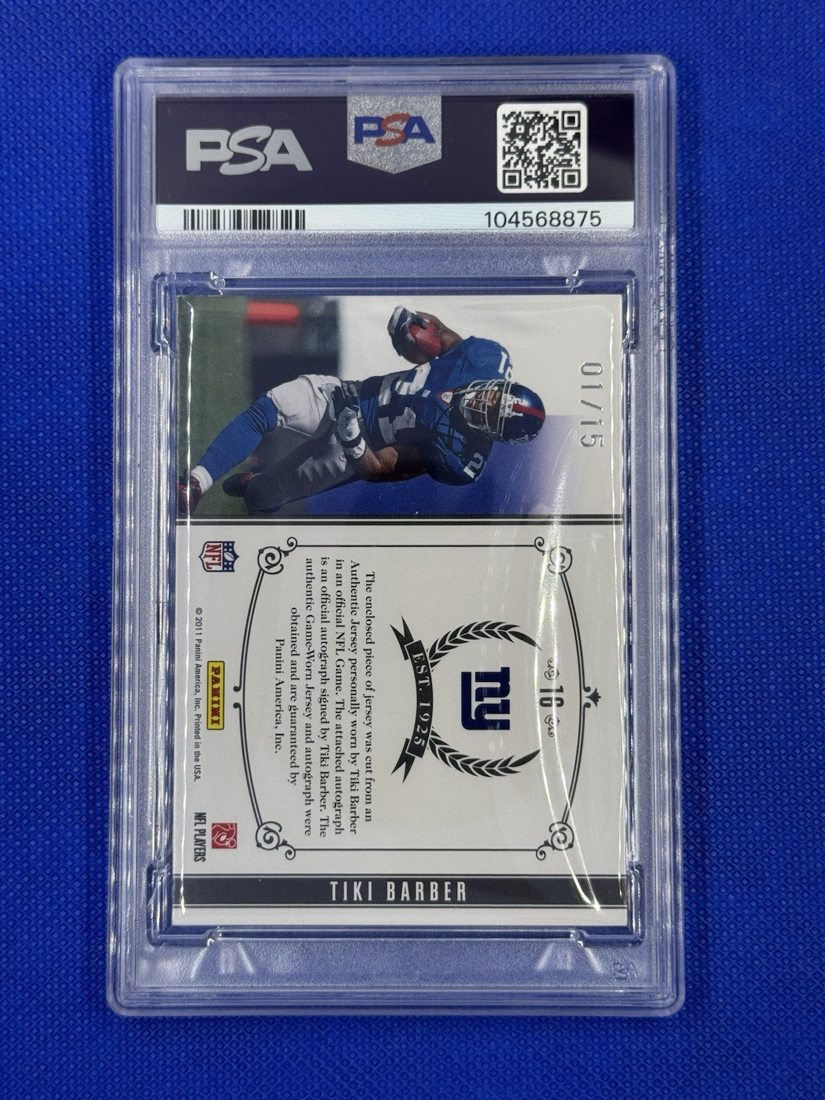 2010 Playoff National Treasures Timeline 01/15 Tiki Barber #16 Auto PSA 6