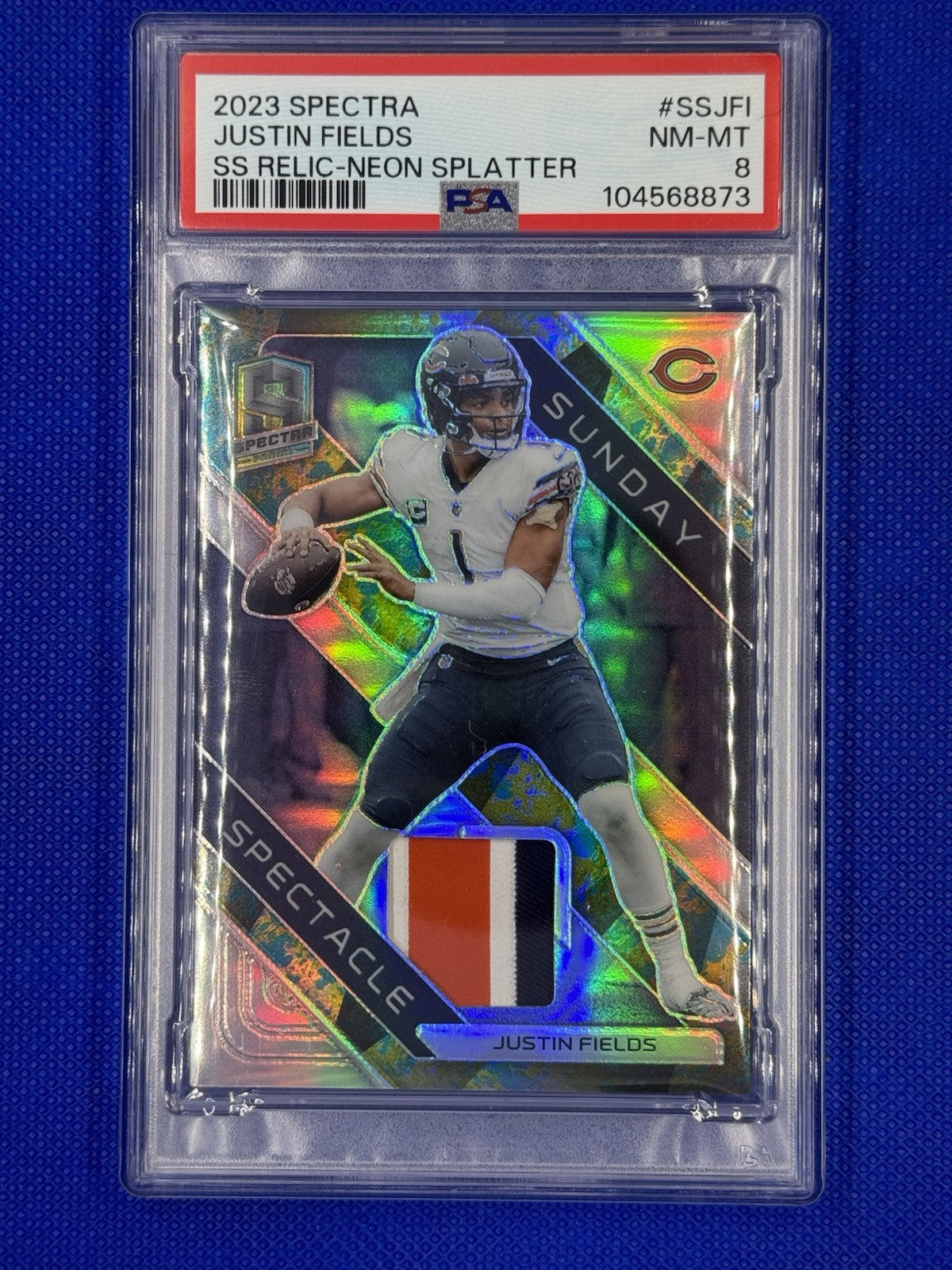 2023 Panini Spectra Justin Fields Sunday SS Relic Neon Patch 6/8 Steelers PSA 8